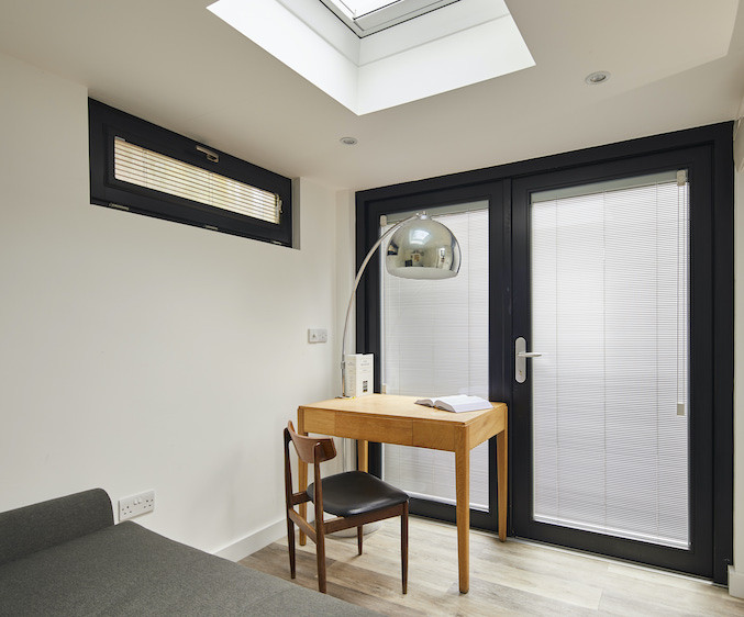 Contemporary garden office with integral blinds