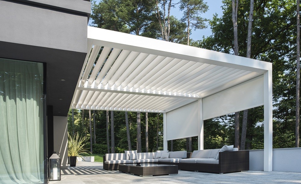 A stylish louvered pavilion that protects you from the sun and rain all year round